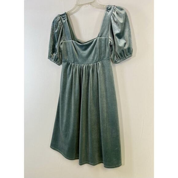 Dusty Blue Velvet Peasant Prairie Fairy Square Neck Puff Sleeved Mini Dress XS - Picture 3 of 12
